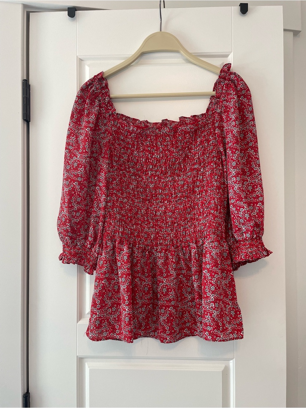 Max Studio Red Floral Smocked Peasant Blouse